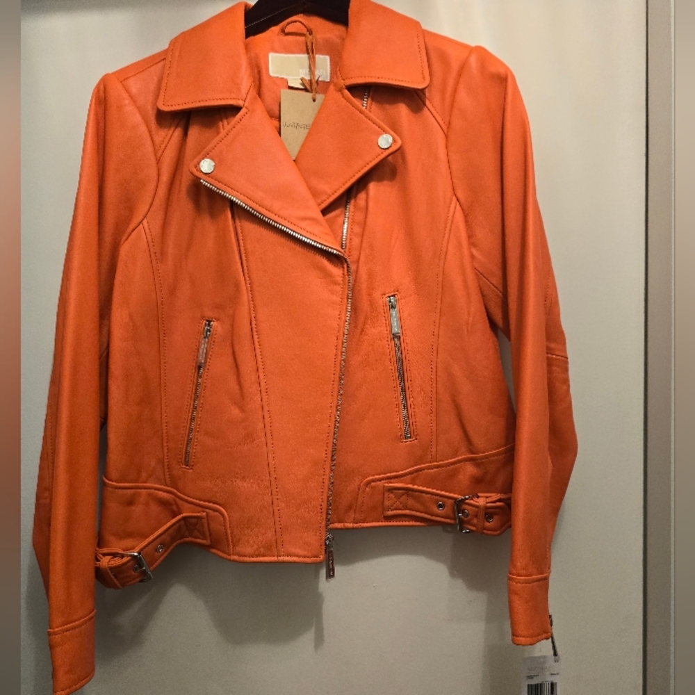 New Michael Kors orange leather motorcycle jacket